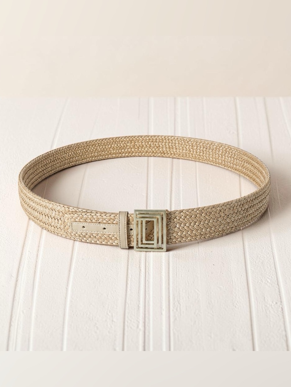 NWOT Karl Lagerfeld Raffia Beige Waist Belt with Golden Geometric Buckle